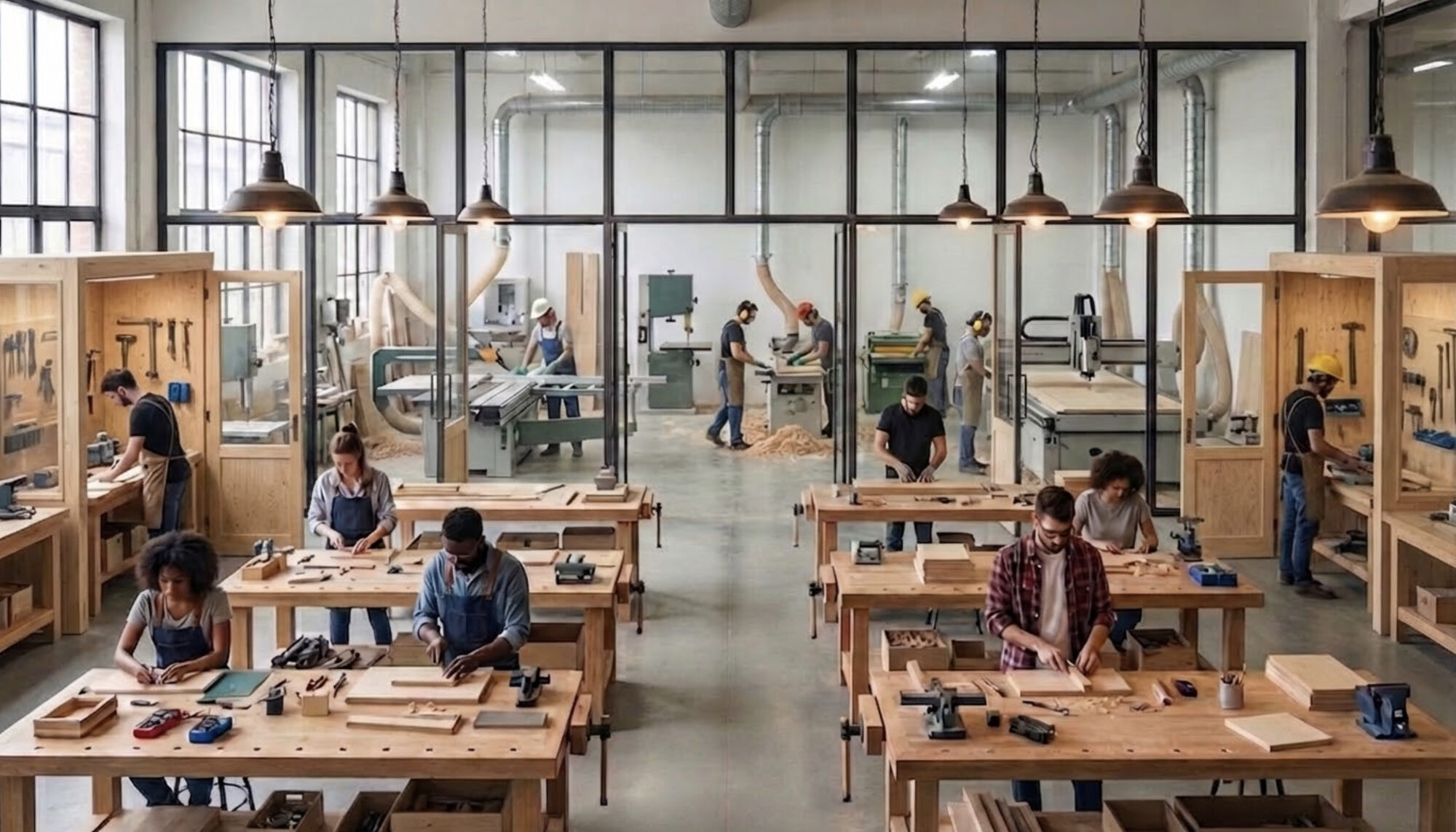 Taller abierto con mesas en alquiler y pared de vidrio hacia el taller de máquinas