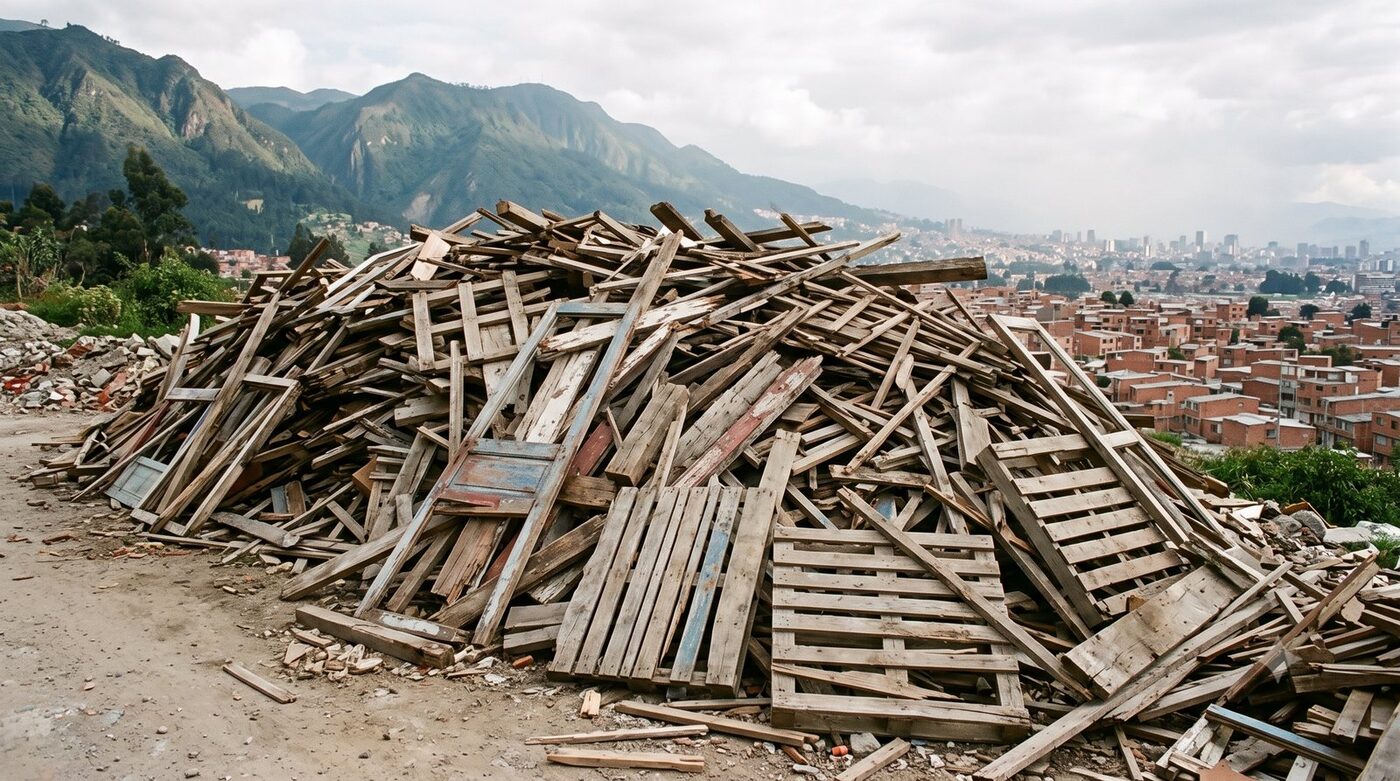 Madera de construcción, carpintería y demolición — depositada en las afueras de Bogotá.